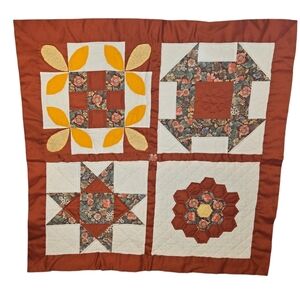 Vintage Handcrafted 4 Square Small Wall Hanging Quilt Floral Design W/Pocket